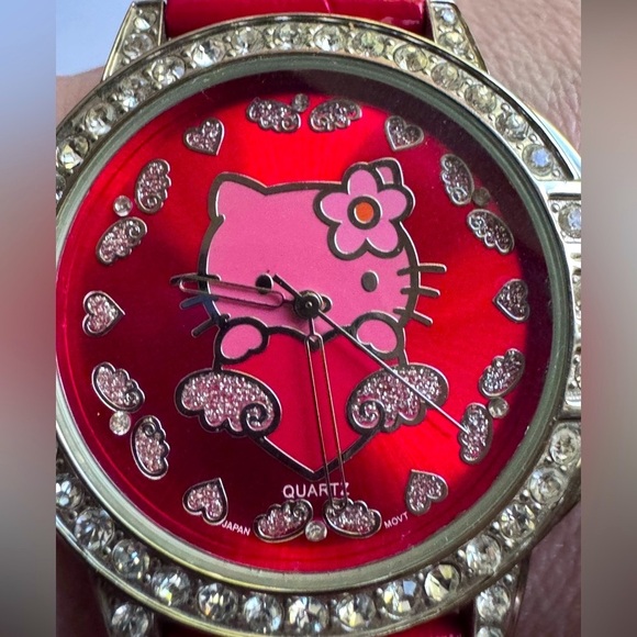 ⏰  Vintage Early 2000’s Hello Kitty Red Leather and Pave Crystal Watch 💖✨ - Picture 2 of 13